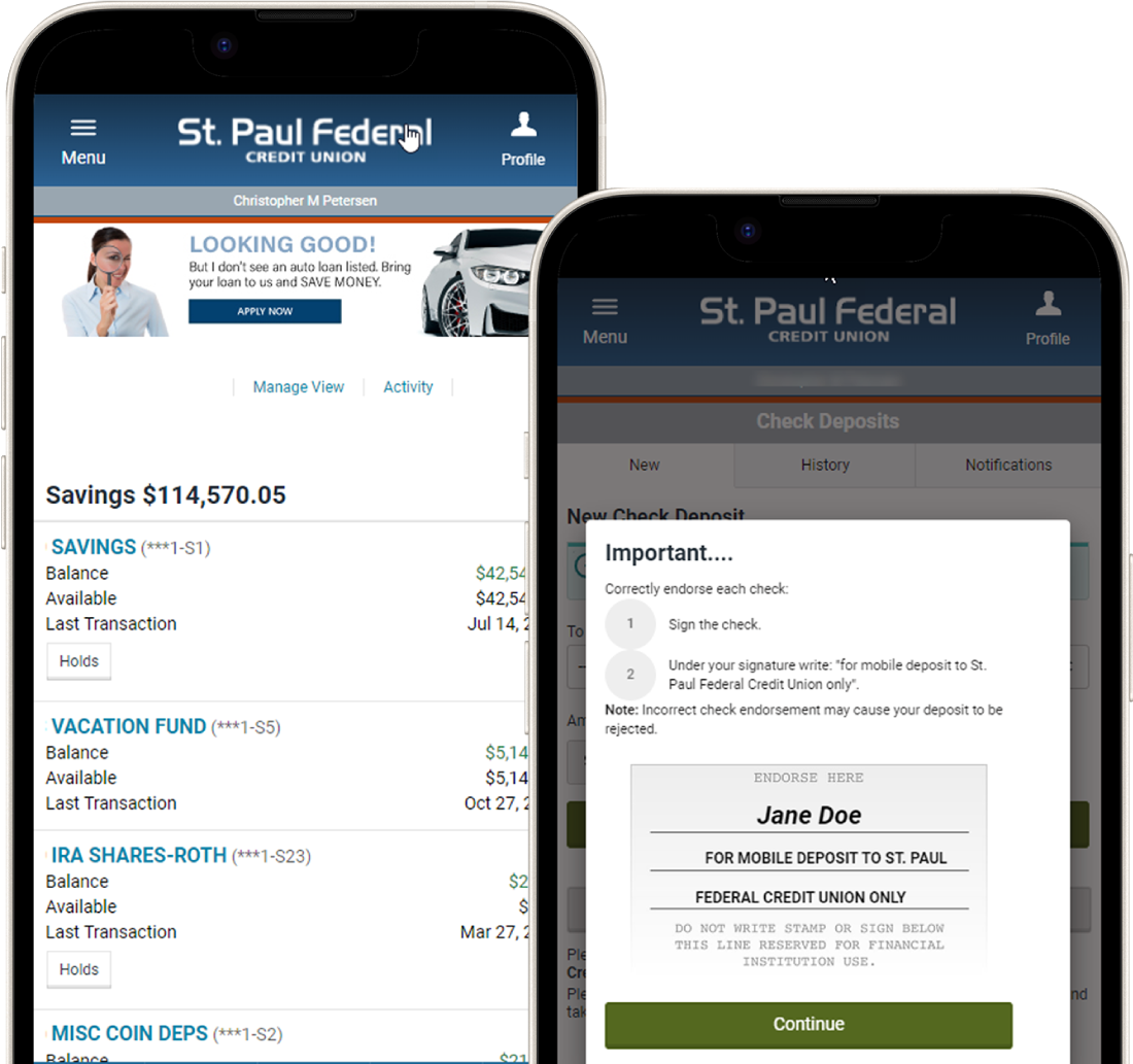 Two mobile phones displaying St. Paul Federal Credit Union ebanking screens.