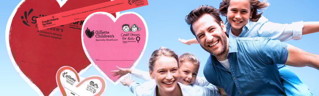 A family with their arms extended, enjoying a summer day on one side of the image, on the other side, the paper hearts used in the Chain of Hearts promotion