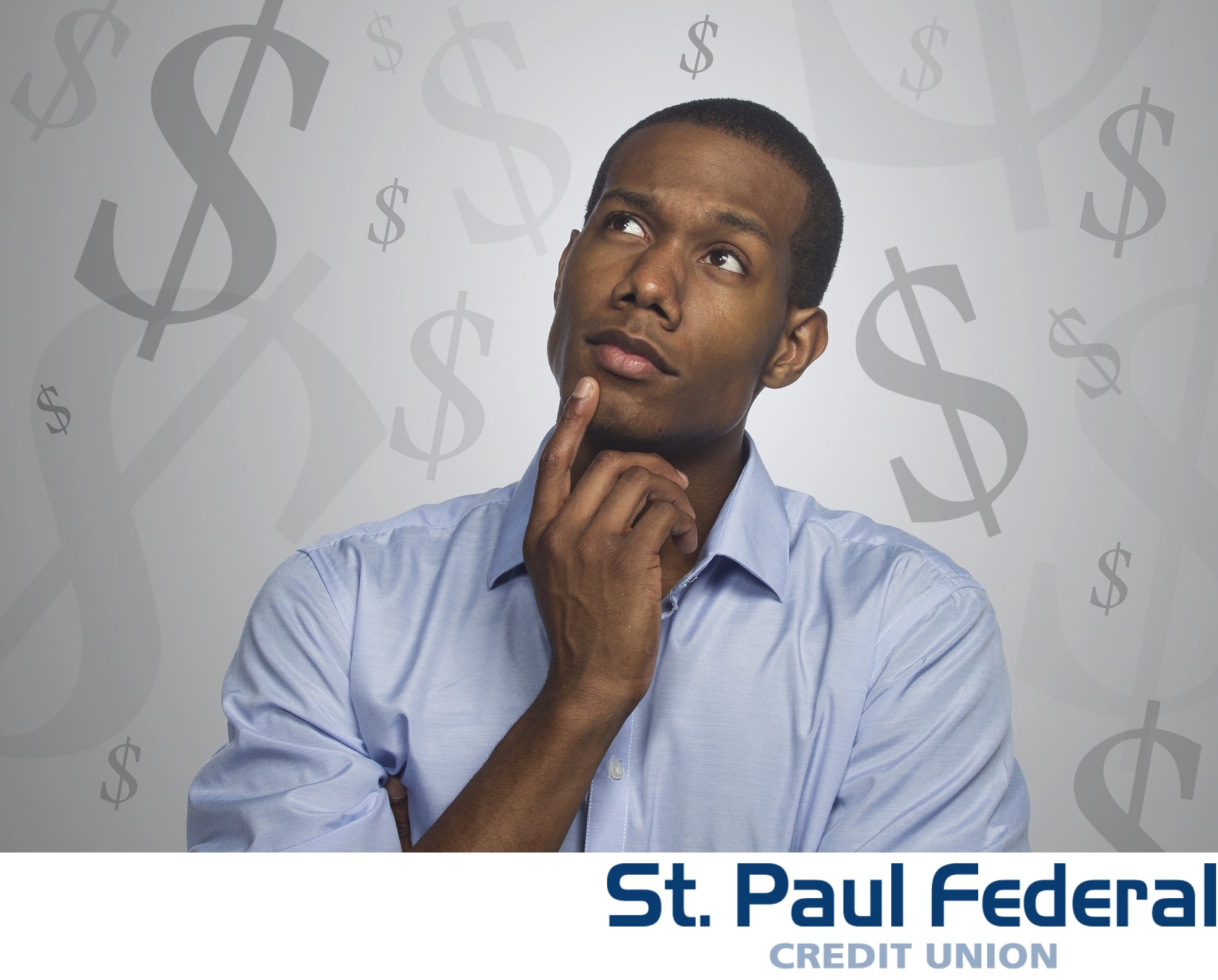 A man ponders some financial thoughts with a finger resting on his chin