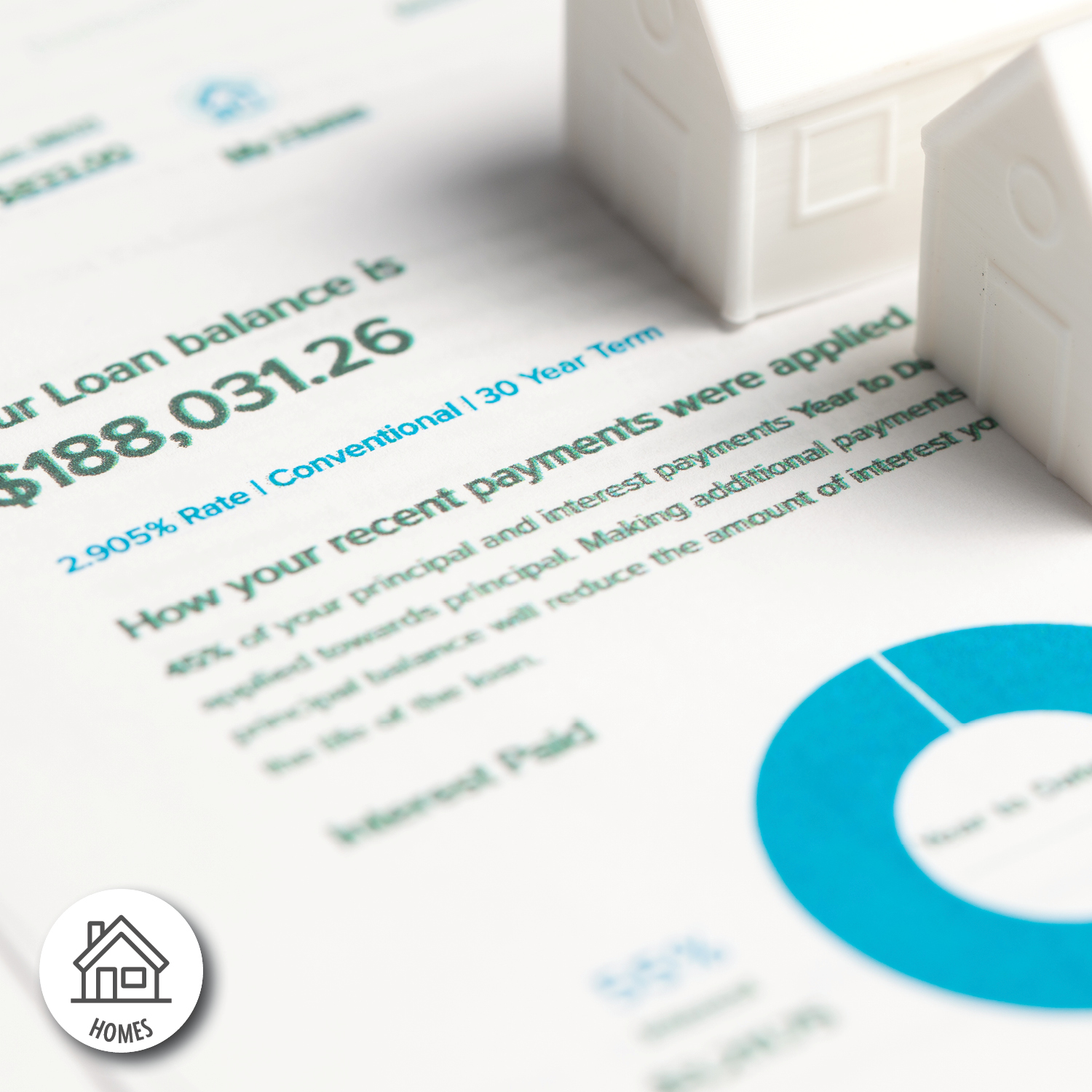 White plastic models on houses sit atop mortgage paperwork.