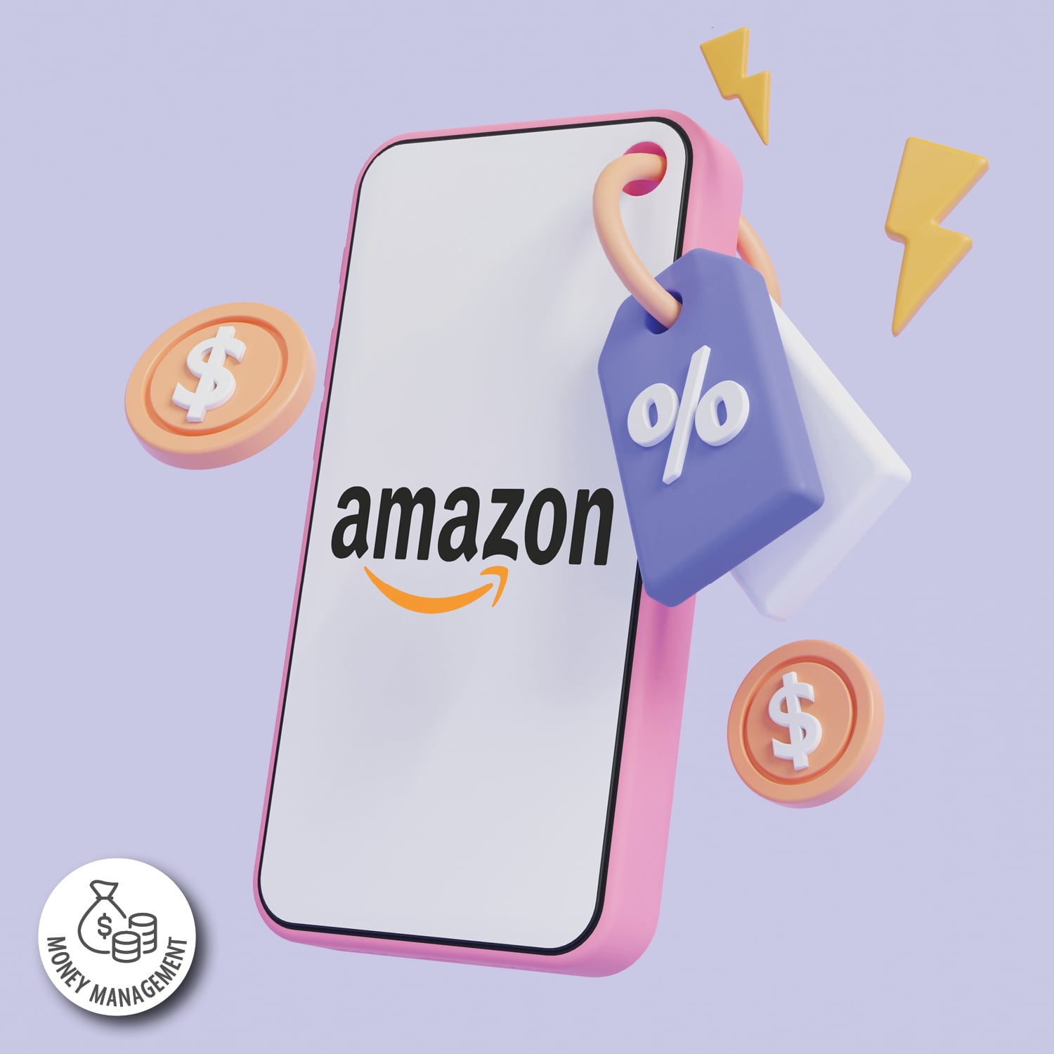 Illustrated cell phone with the Amazon logo on the screen and price tags attached.