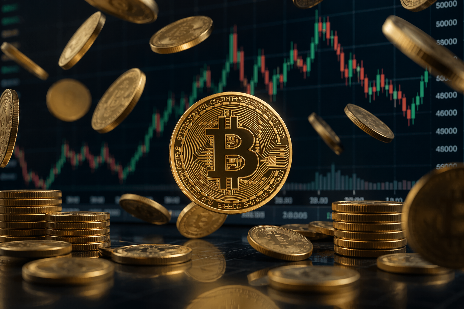 Gold colored coins with the bitcoin logo fall atop other stacks of coins