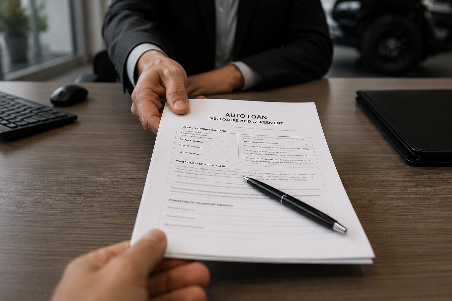 One person sits at an auto dealership desk, handing financing papers over to a car buyer.