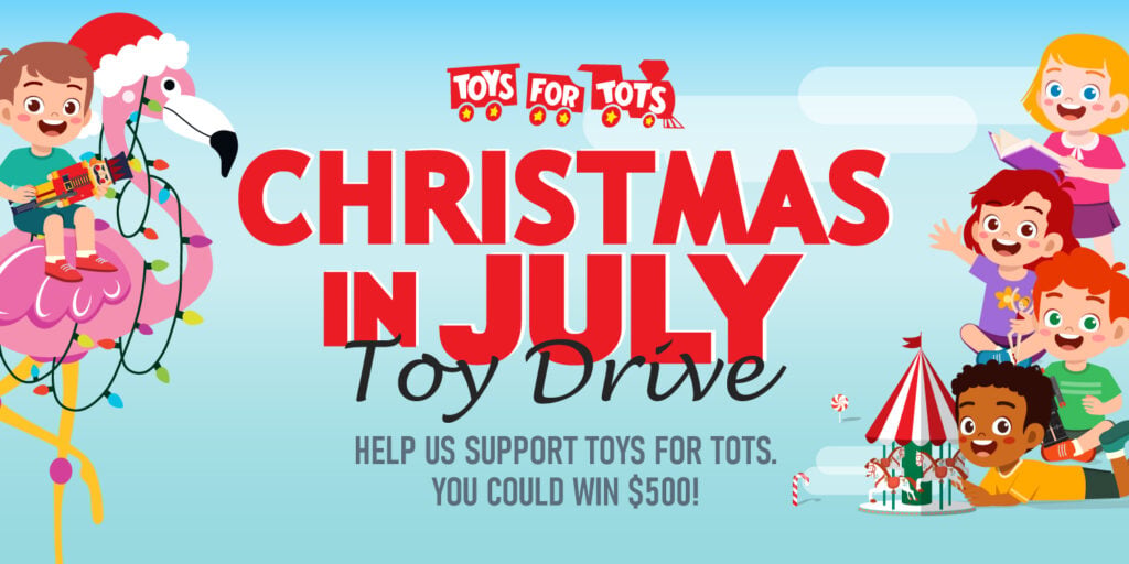Cartoon drawings of excited kids with toys and a Christmas in July Toy Drive logo