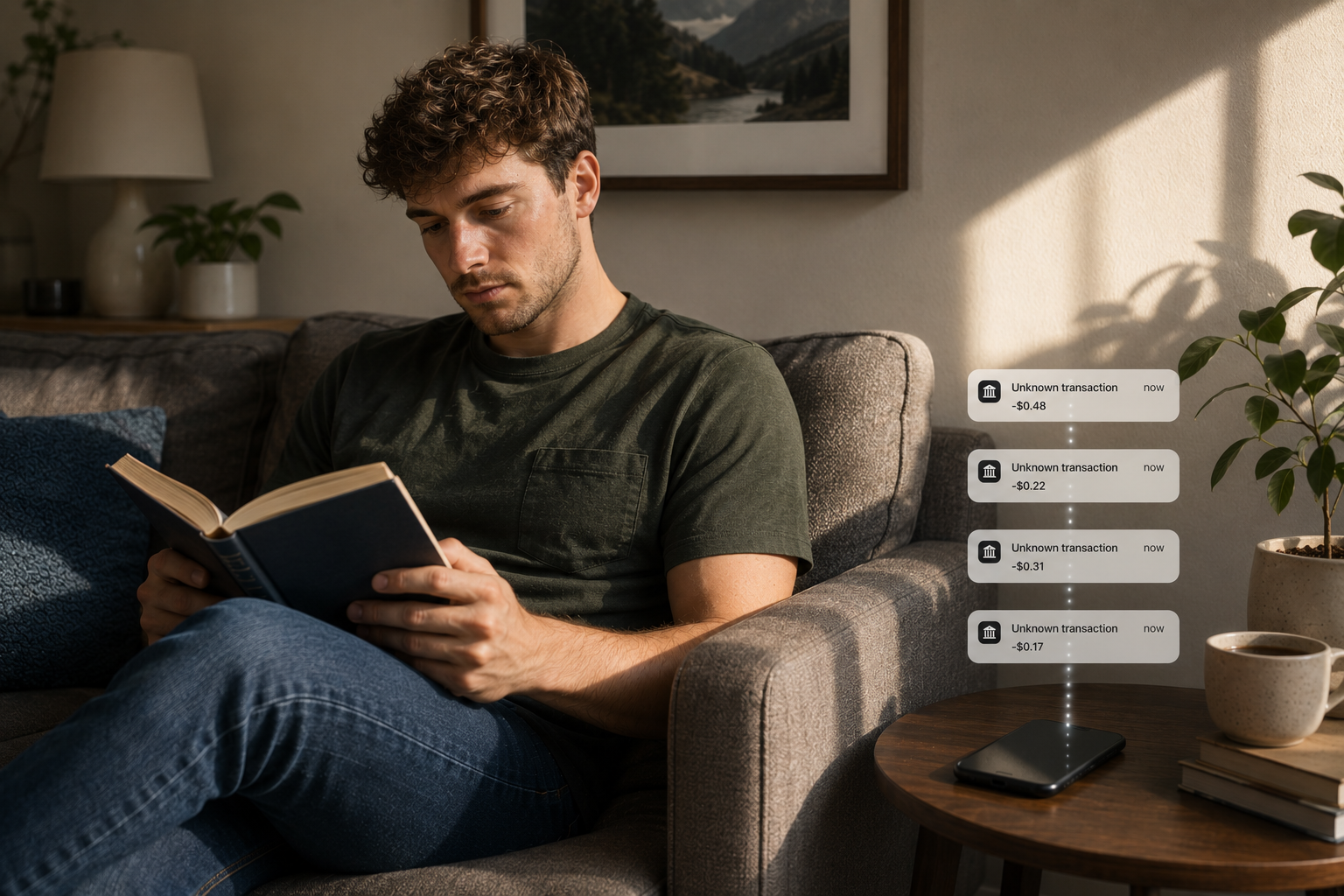A man sits in a plushy livingroom chair reading a book while next to him are images of small transaction notifications like how they would appear on a mobile device or tablet.