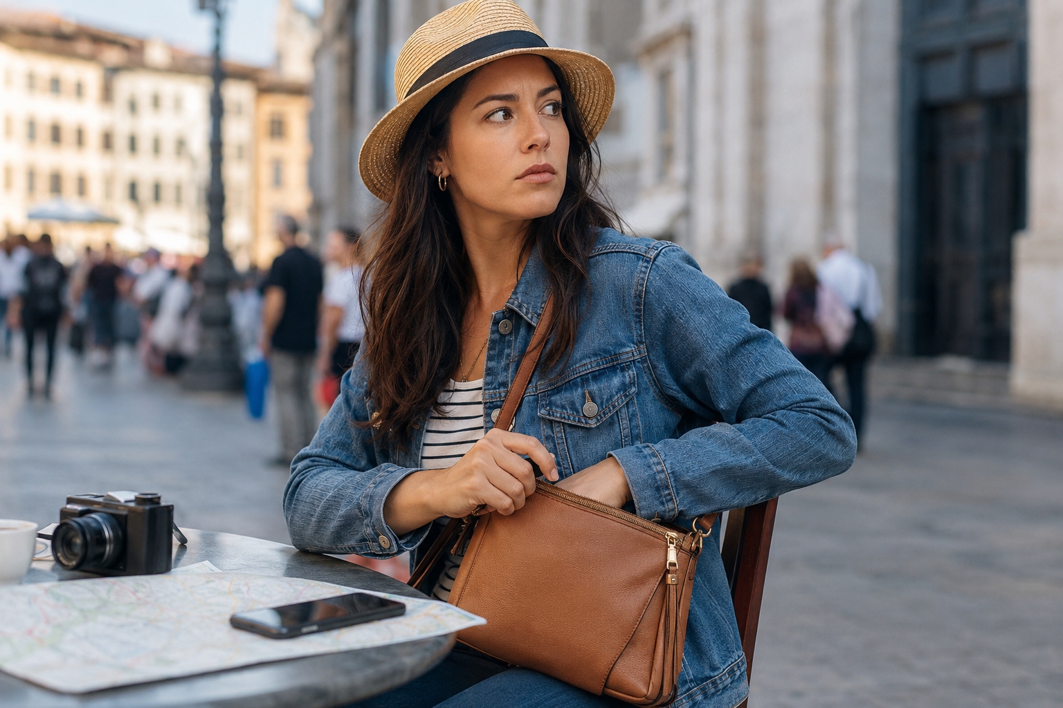 A woman sits at a table outdoors in a European city, looking over her shoulder as is if something suspicious is going on.