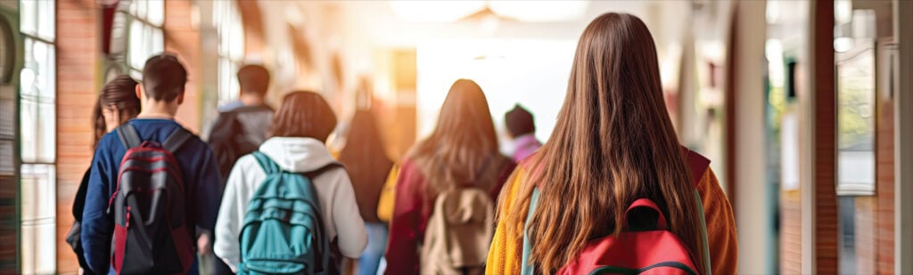 A group of students walking down a school hallway.