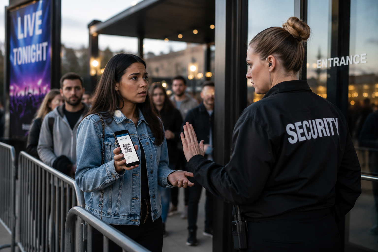 A female security officer stops a woman in line outside of a concert venue due to an apparent issue with the digital concert ticket on her phone.