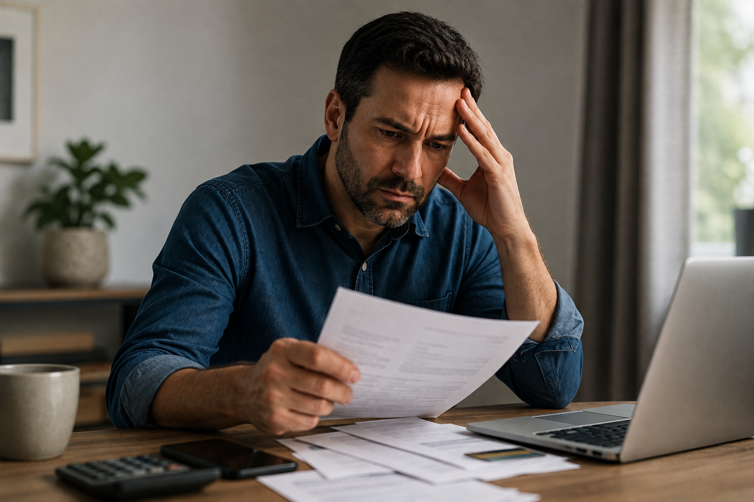 A man holds his head in hands as he looks over papers while working at a laptop.