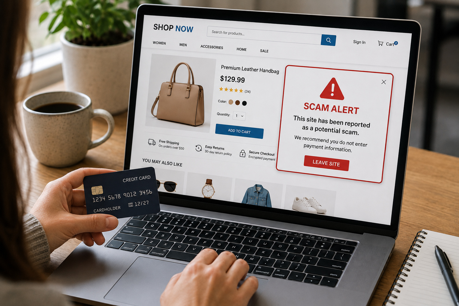 A person sits at a table with an open laptop, credit card in one hand, the other navigating an online purchase that may be a scam.
