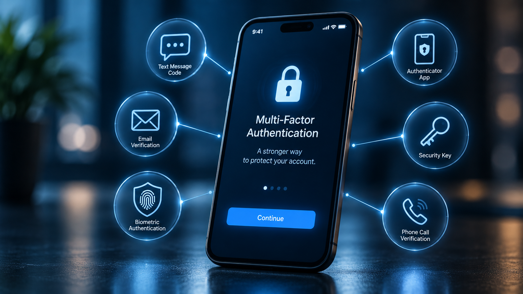 A cell phone is displayed with a lock icon and dramatized security features in bubbles around both sides of the screen.